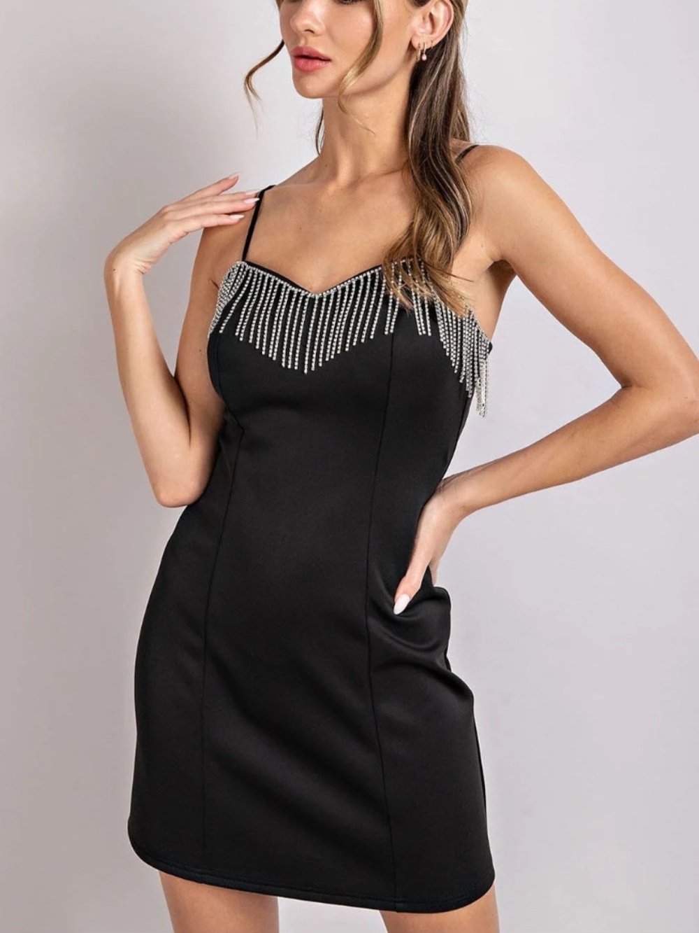 NWT Sleek Black Spaghetti Strap Body Con Dress with Rhinestone Fringe